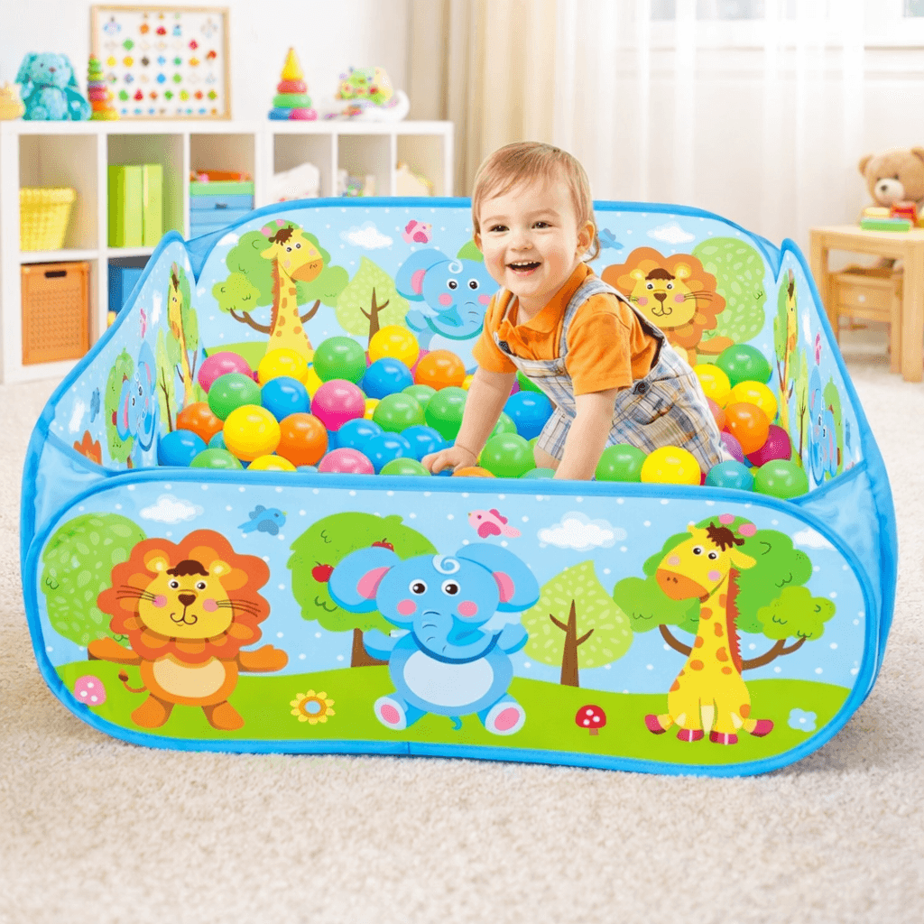 Kids ball pit play tent with 30 colourful balls and animal jungle theme